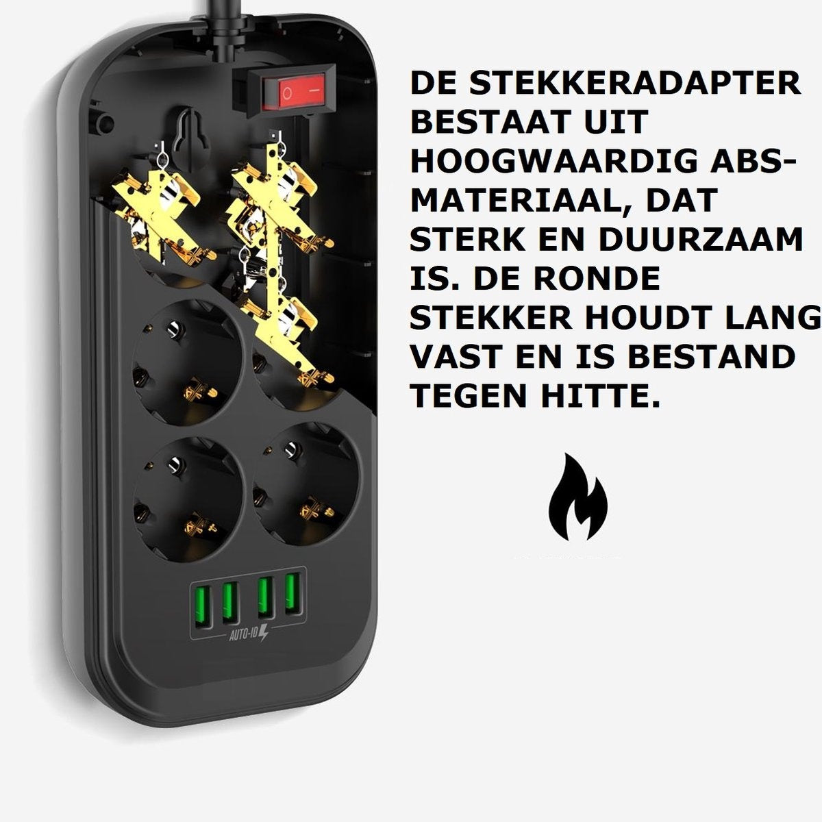 Zwarte stekkerdoos met meerdere stopcontacten en USB-poorten. Heeft een rode aan/uit-knop. Tekst beschrijft de kenmerken en duurzaamheid.