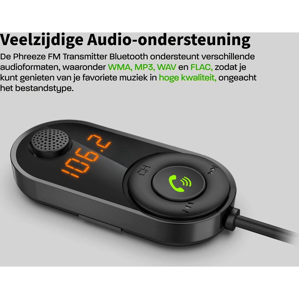 A black FM transmitter with a display showing 106.2. It has buttons and a microphone. Text says 'Audio-ondersteuning'.