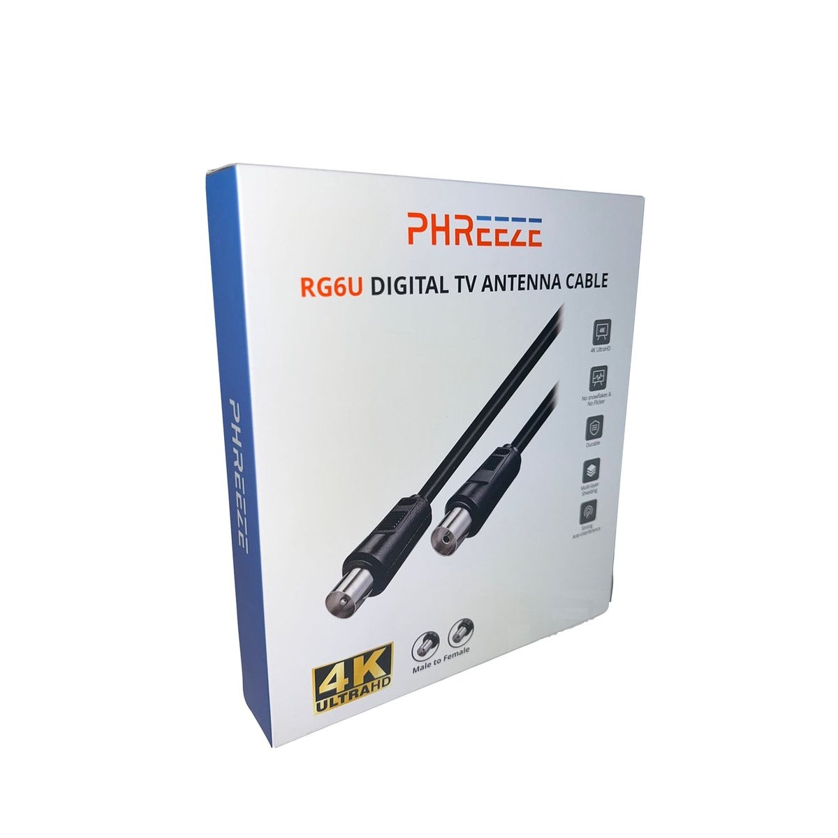 A box of PHREEZE RG6U digital TV antenna cable. Shows a black cable with male to female connectors. The box has 4K Ultra HD label.