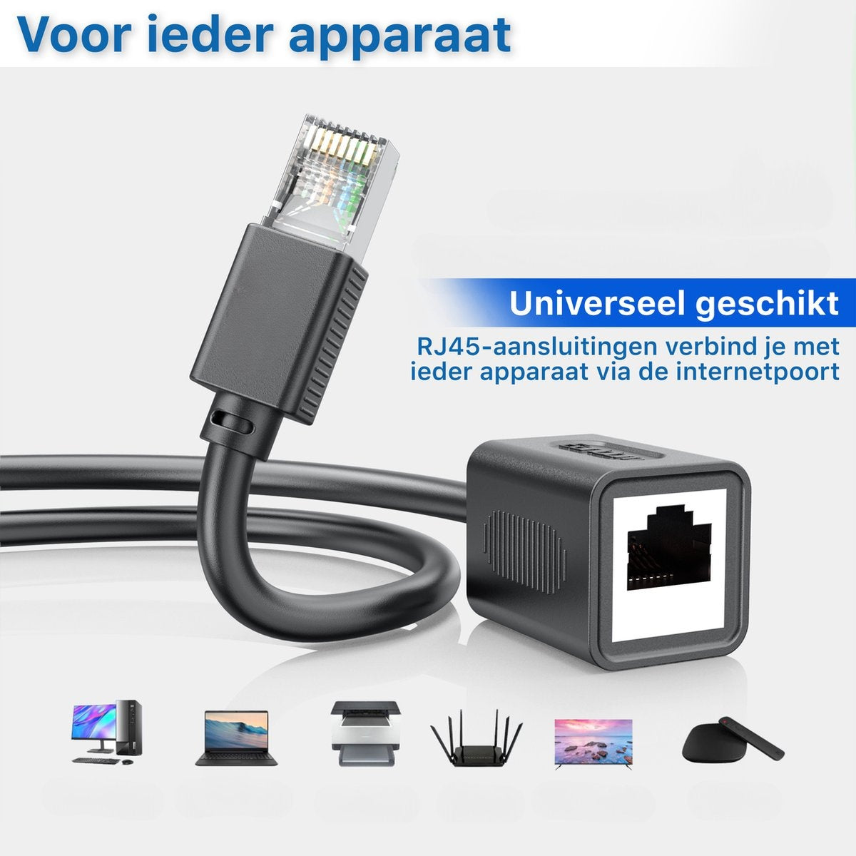 Een Ethernetkabel met RJ45-connectoren. Tekst: 'Voor elk apparaat', 'Universeel geschikt' en 'RJ45 verbindt met elk apparaat'.