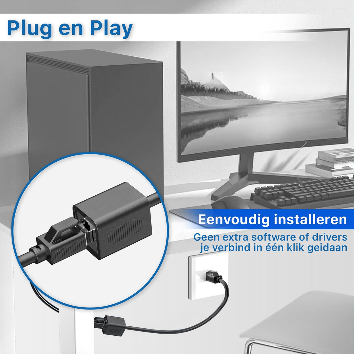 Een zwart apparaat aangesloten op een stopcontact, verbonden met een monitor en een computer. Tekst luidt 'Plug en Play' en 'Eenvoudig installeren'.