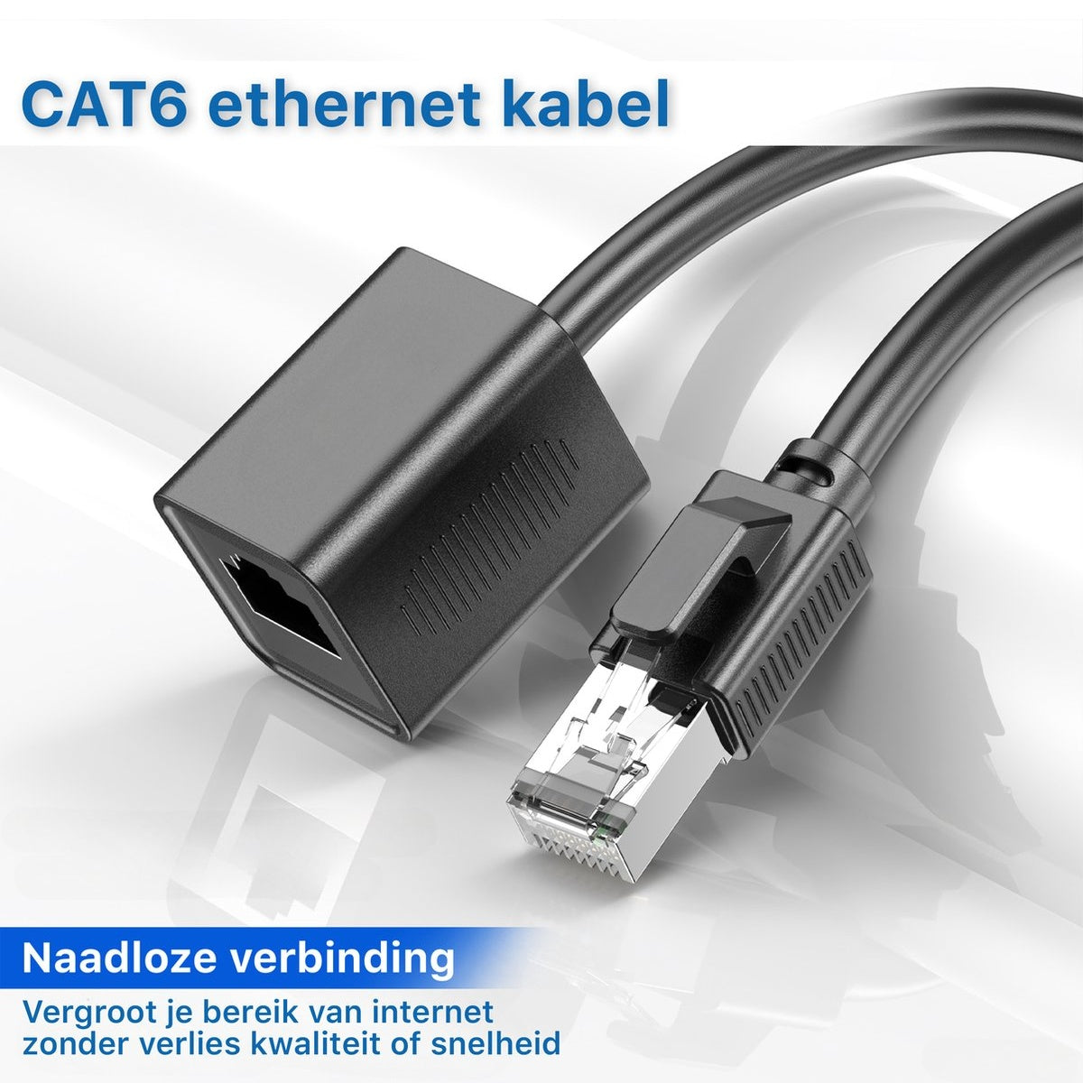 Zwarte CAT6 ethernetkabel met connectoren. Tekst zegt 'CAT6 ethernet kabel' en 'Naadloze verbinding'.