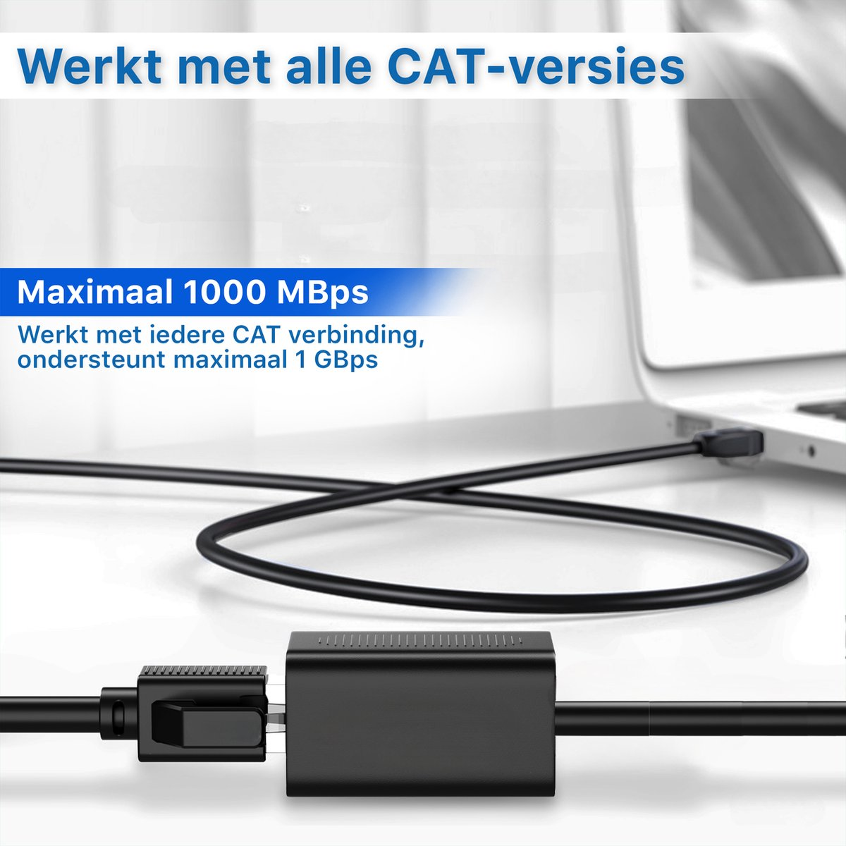 Zwarte netwerkkabel verbonden met een laptop. Tekst op de afbeelding luidt 'Werkt met alle CAT-versies' en 'Max 1000 Mbps'.