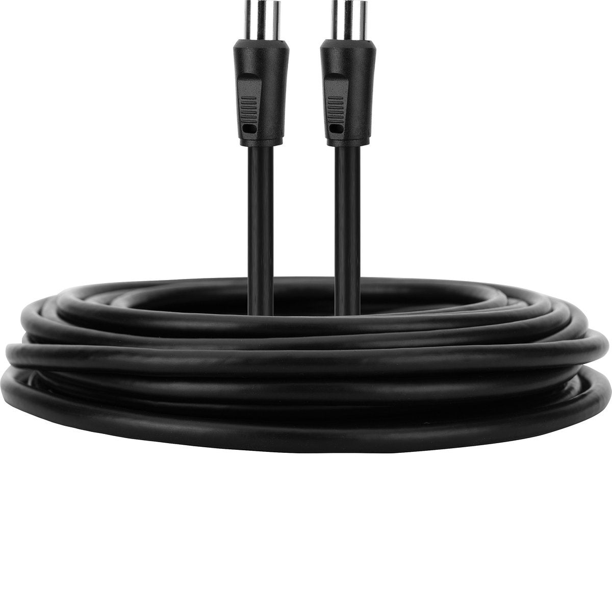 Two black coaxial cable connectors rise from a coiled black cable. The background is white.