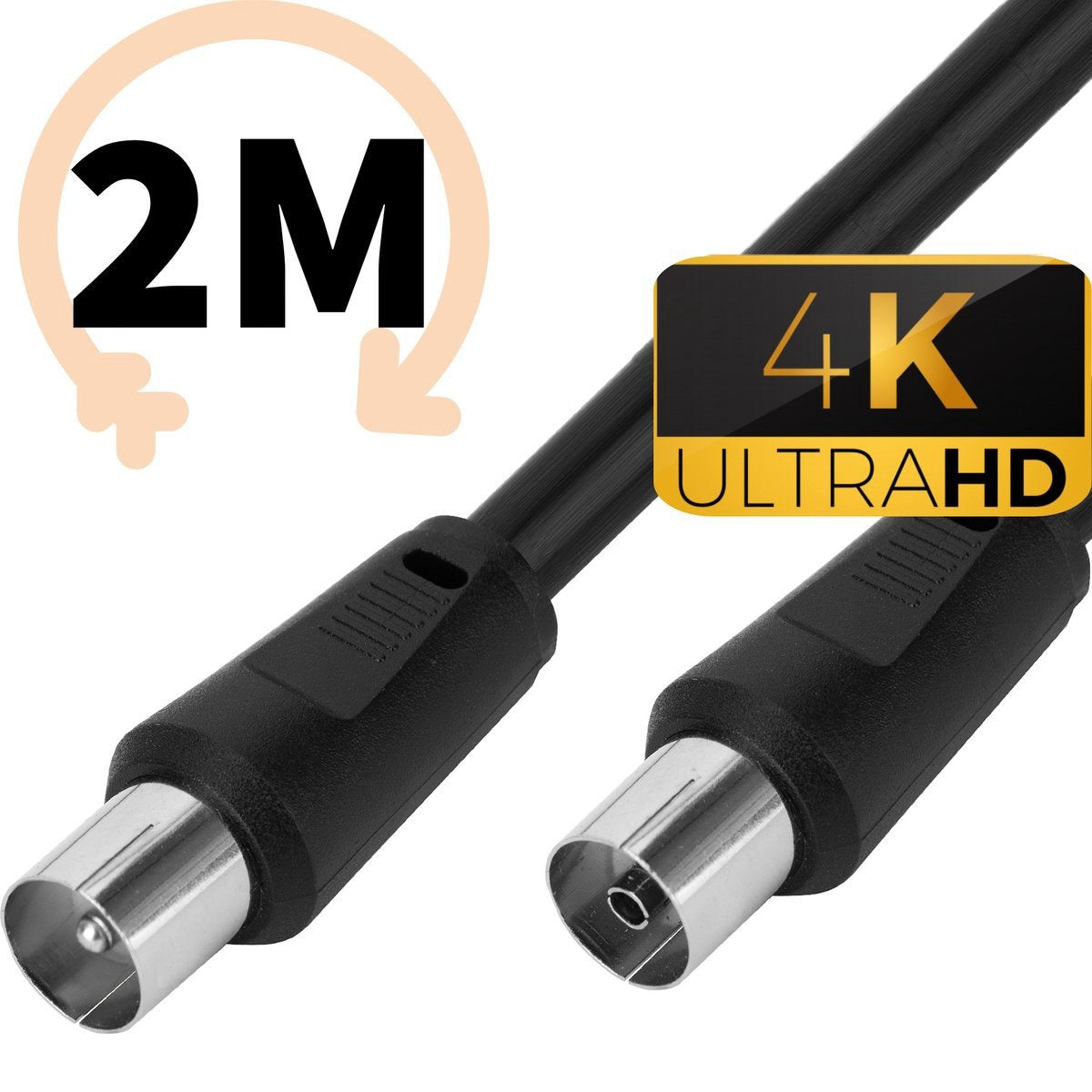 Black coaxial cable with 4K Ultra HD label and 2M text, connectors at both ends.