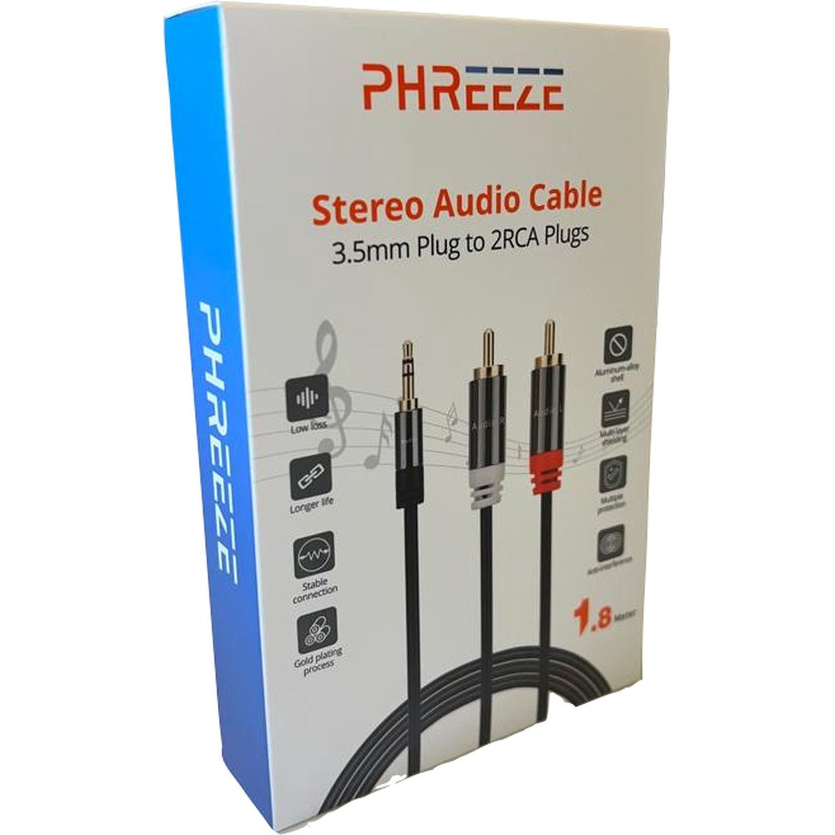 Doos toont een stereo audiokabel met 3,5 mm plug naar 2 RCA plugs. Het merk is PHREEZE.