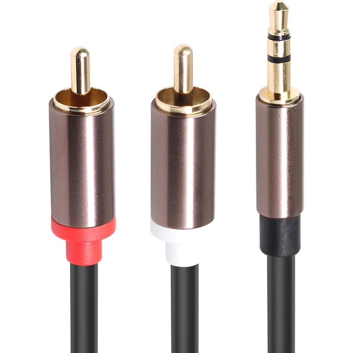 Drie audiokabels: twee RCA-connectoren (rood/wit) en een 3,5 mm-jack, allemaal met zwarte kabels en vergulde punten.