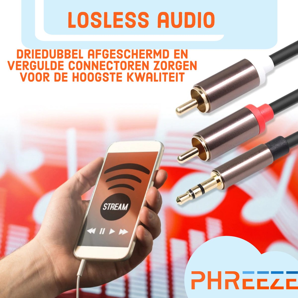 Een hand die een telefoon vasthoudt die audio streamt. Kabels rechts. Tekst bovenaan luidt 'Lossless Audio'.