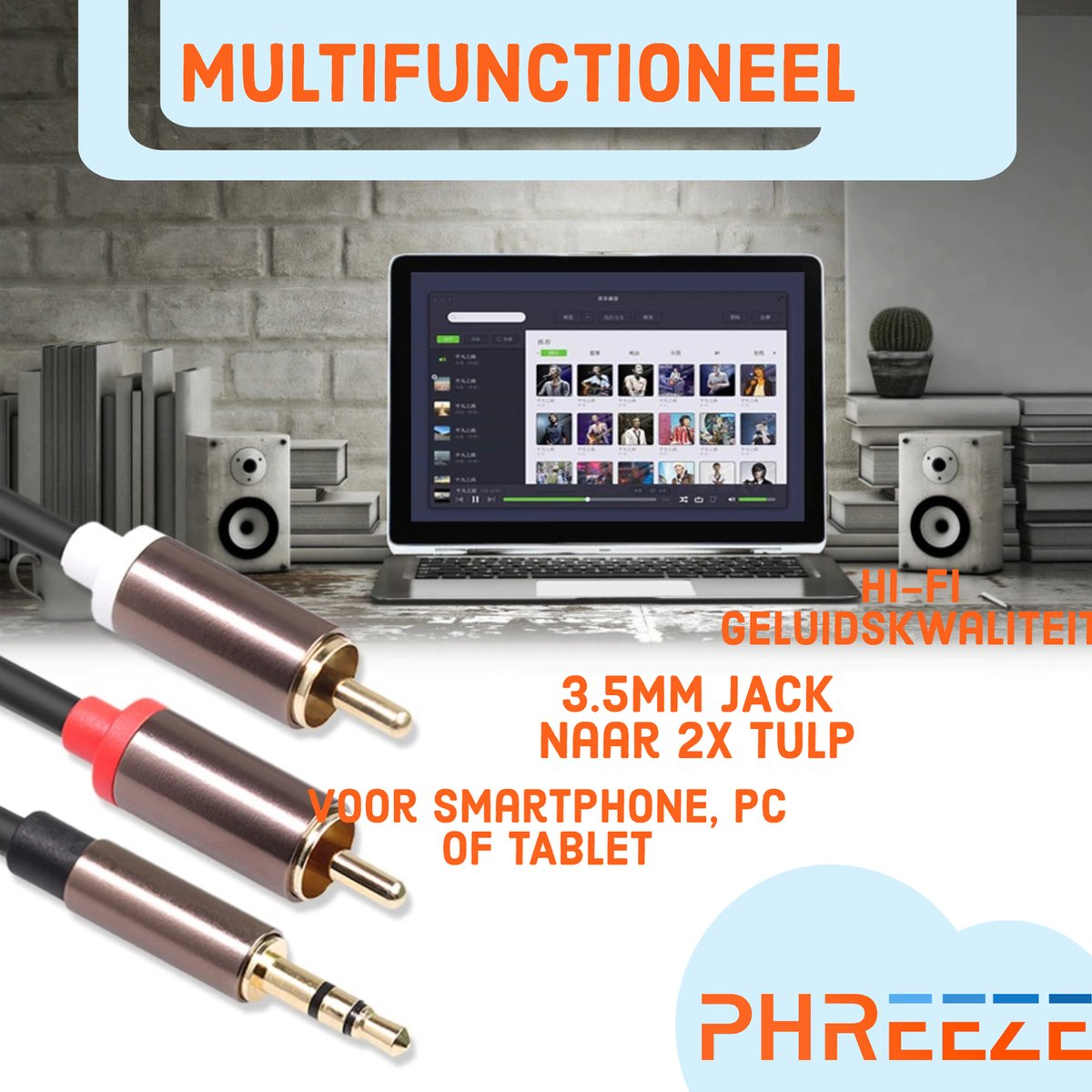 Een laptop met muziek, met luidsprekers en audiokabels. Tekst: Multifunctioneel, 3,5 mm jack naar 2x tulp, voor smartphone, pc of tablet.