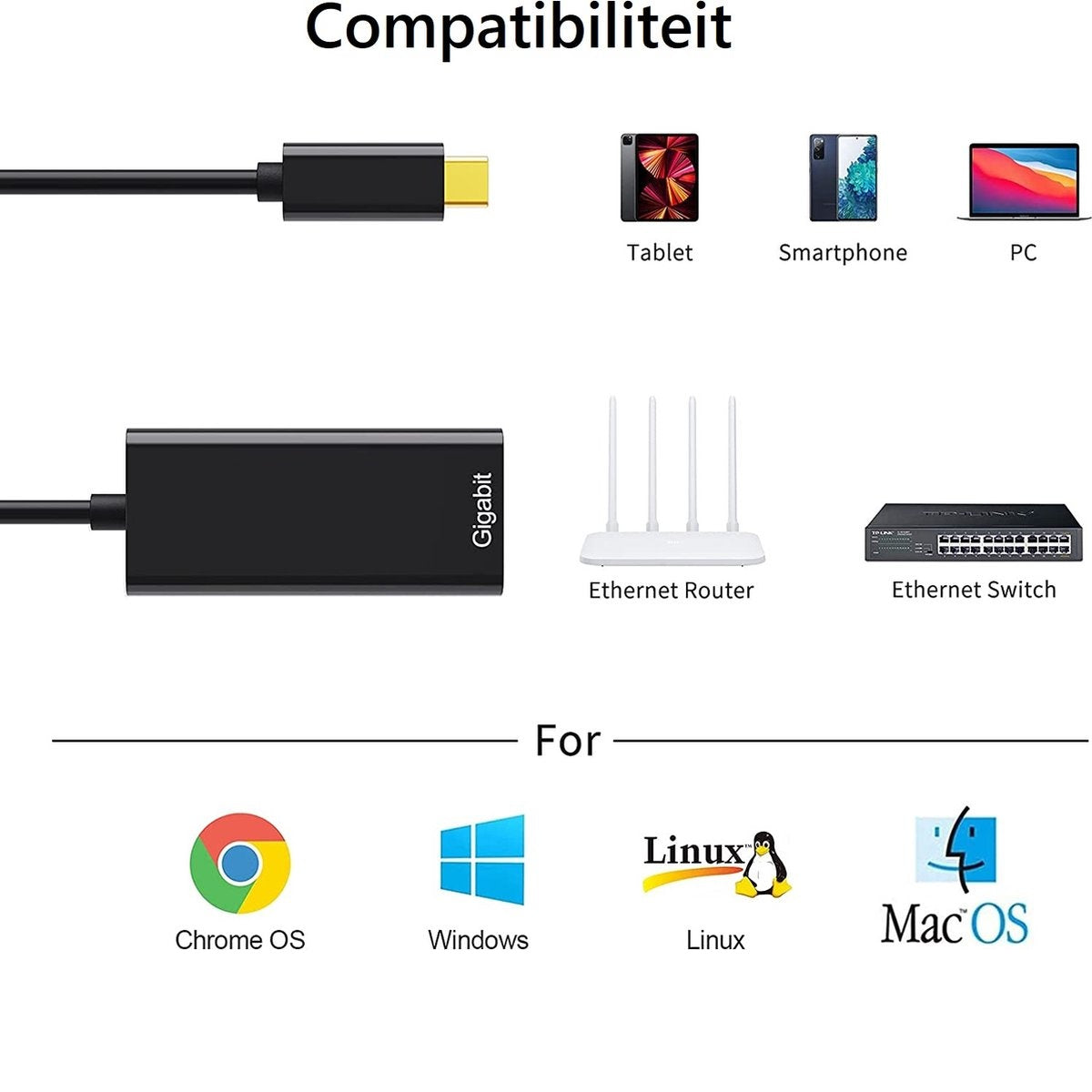 Image shows a black adapter, devices (tablet, smartphone, PC), and network devices (router, switch). Compatible with Chrome OS, Windows, Linux, and MacOS.
