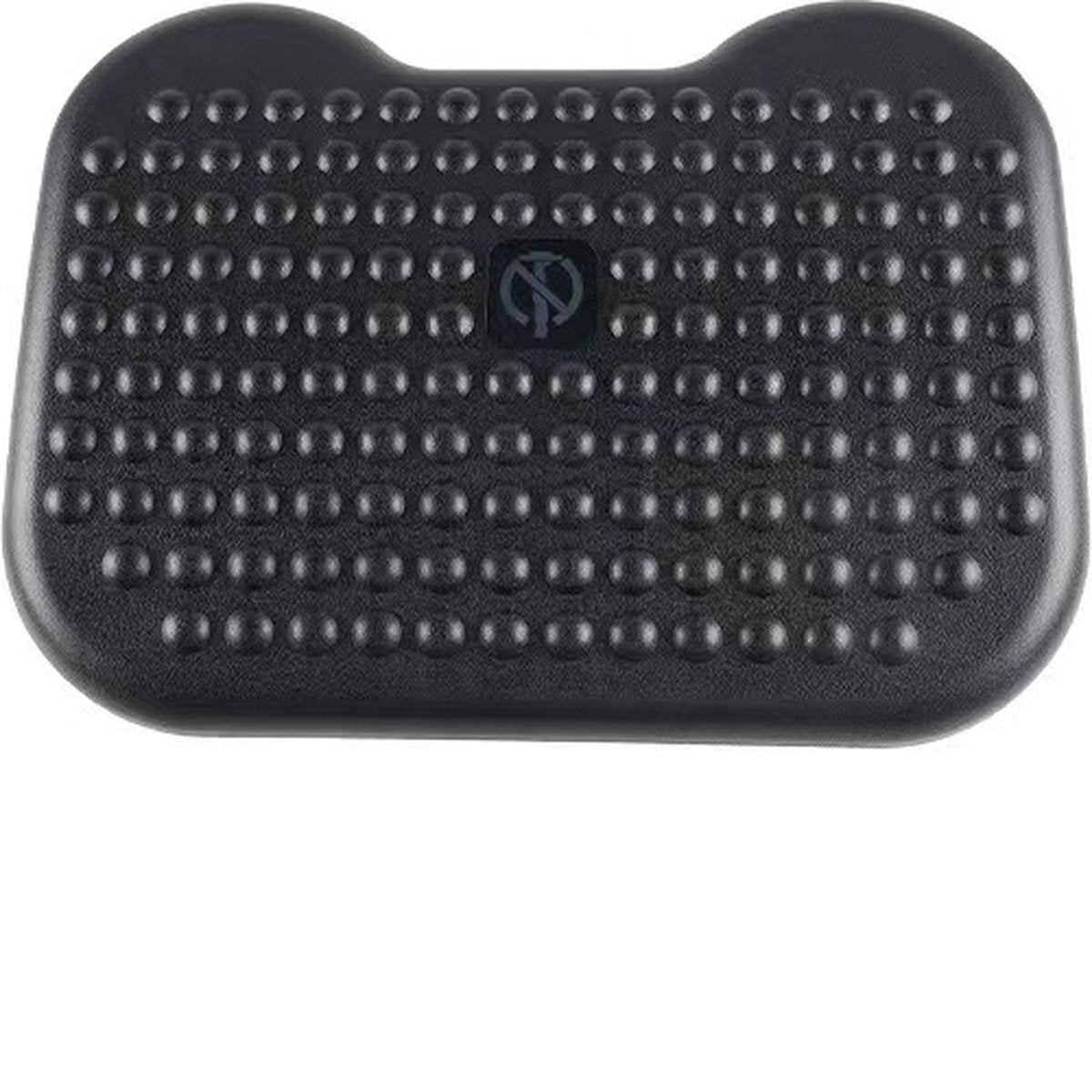 A black footrest with rounded bumps and a logo in the center. The footrest has a curved shape with indentations on each side.