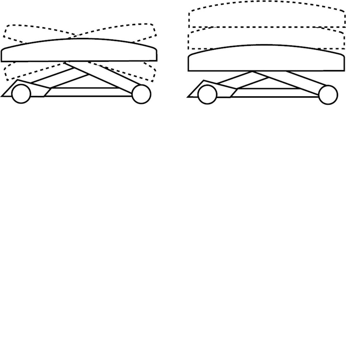 Two side-by-side diagrams of a scissor lift. Solid lines show one position, dotted lines show a changed position.