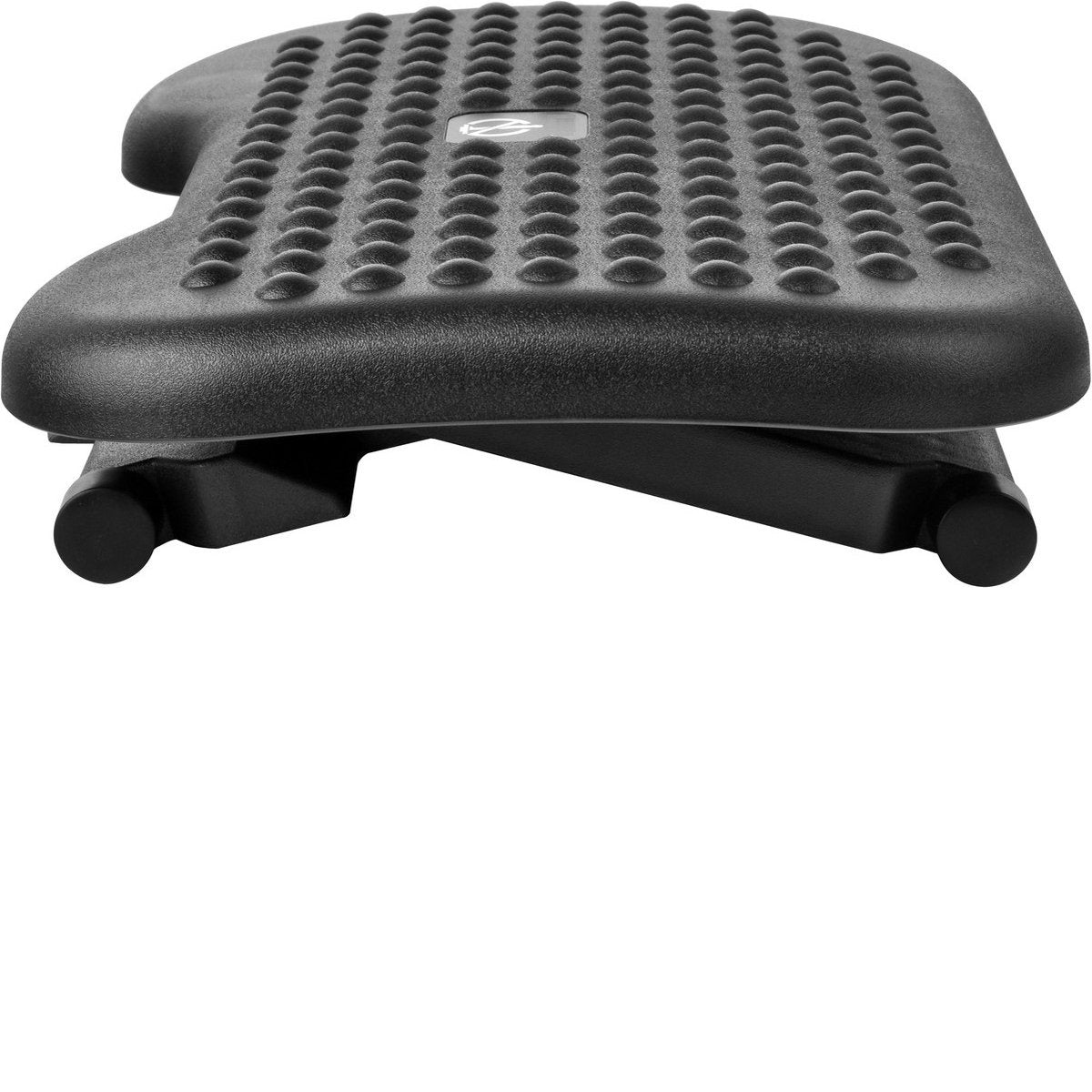A black footrest with a textured surface. It has a curved design and is supported by a black frame with round feet.