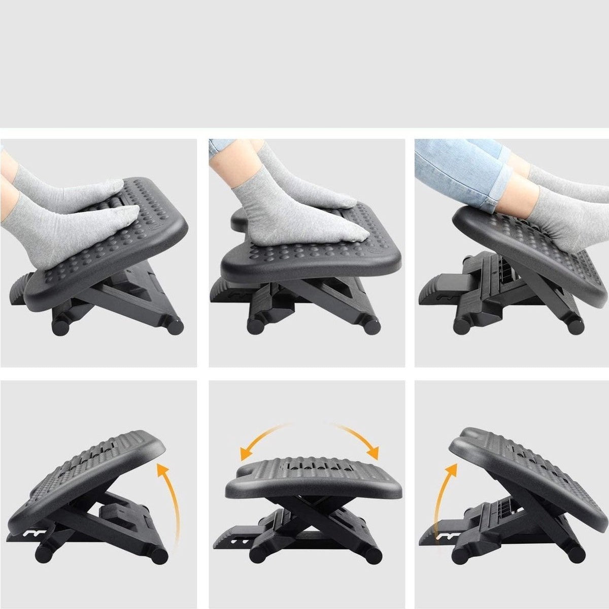 Several images show a black footrest with feet resting on it. The footrest is adjustable. Some images show arrows indicating adjustment.