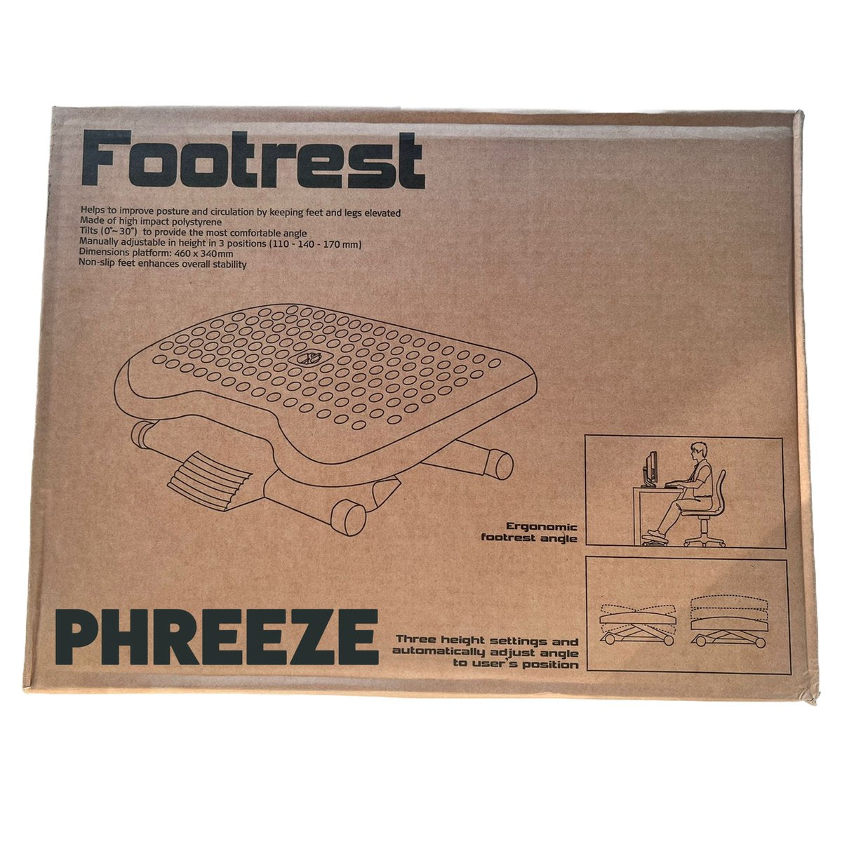 Cardboard box with 'Footrest' text and diagram of footrest. Text highlights features and brand name 'PHREEZE'.