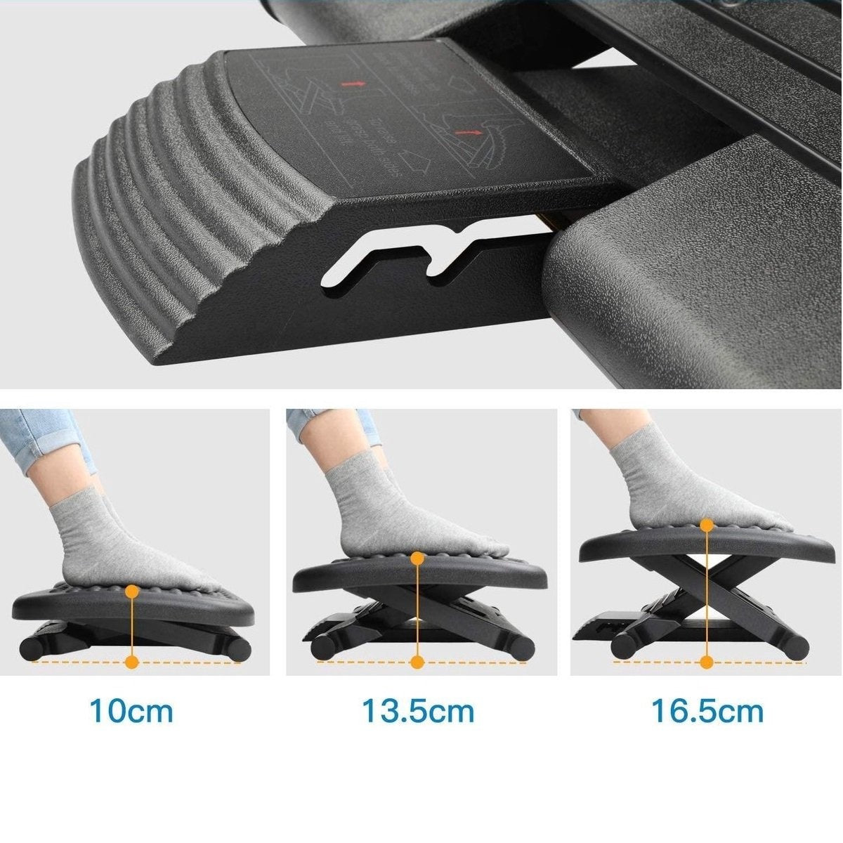 Feet on an adjustable footrest. The footrest is shown at three different heights: 10cm, 13.5cm, and 16.5cm, with a person's feet on it.