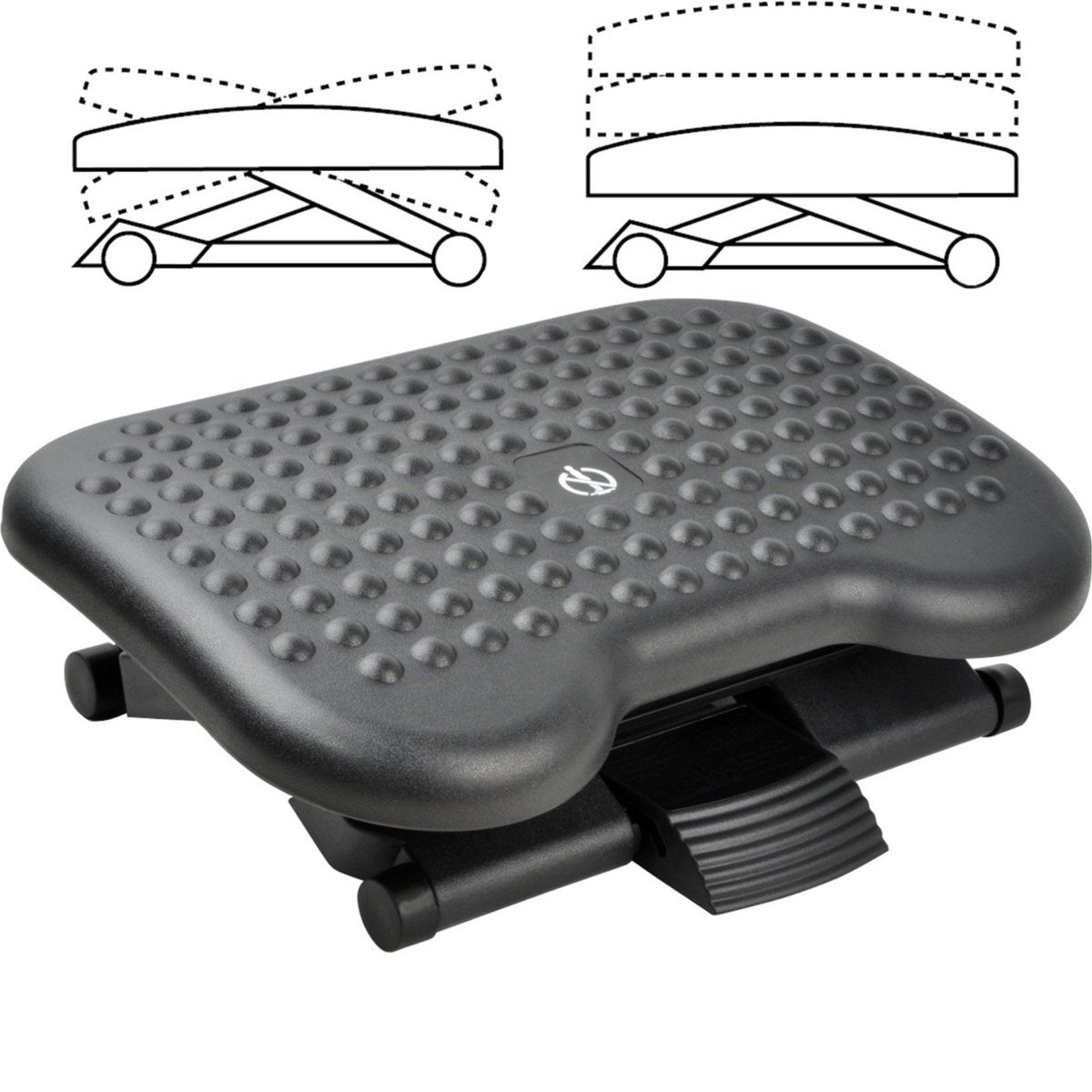Black adjustable footrest with dotted diagrams showing height adjustment. The footrest has dimples and a logo.