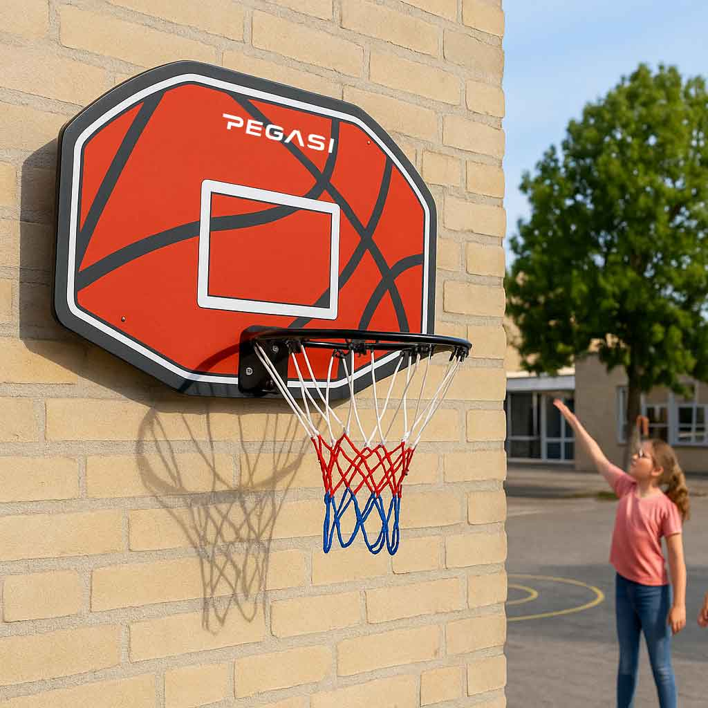 A basketball hoop is mounted on a brick wall. A girl is seen throwing a ball. Background includes a building and a tree.