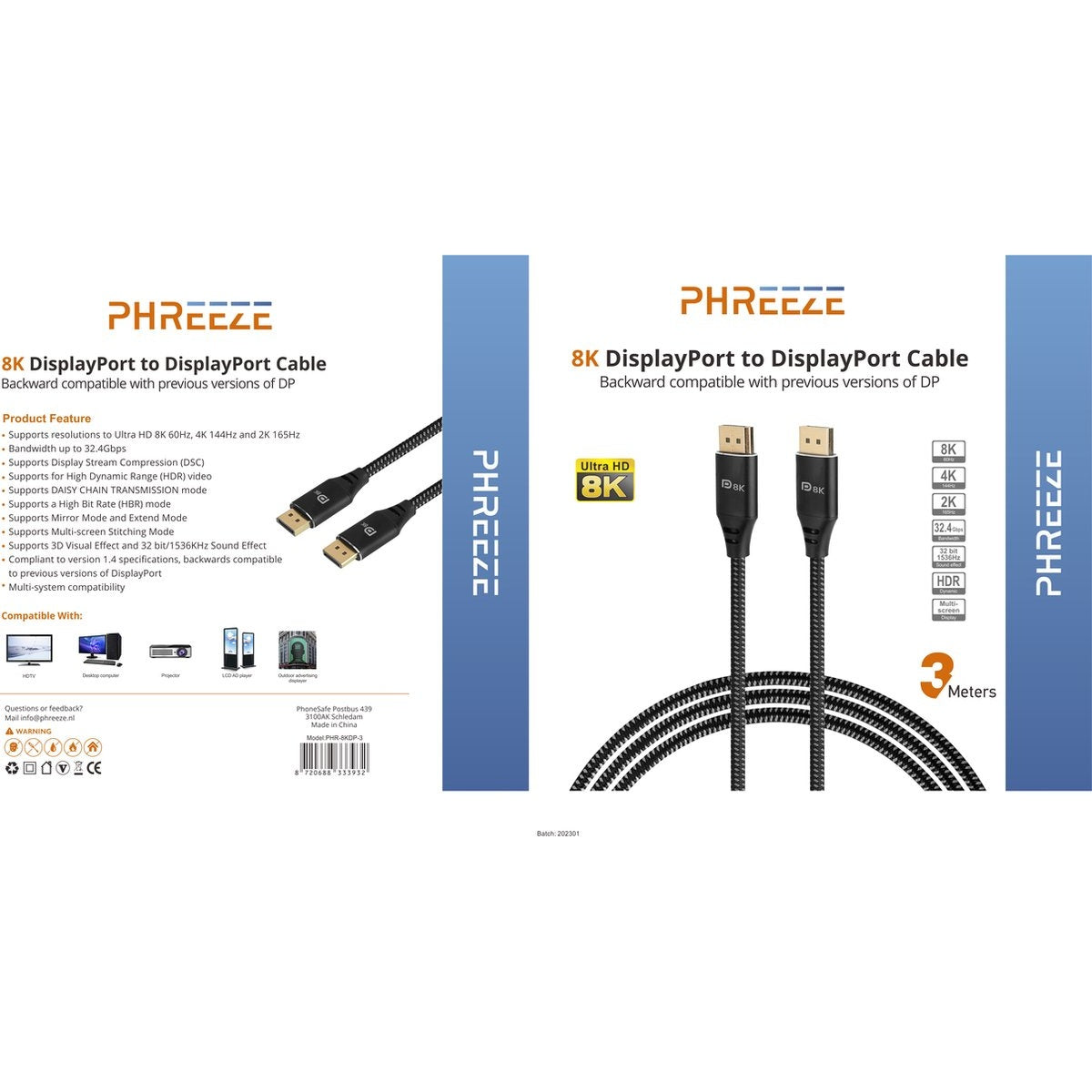 Image shows a black DisplayPort cable with product details and specifications on a white and blue background.
