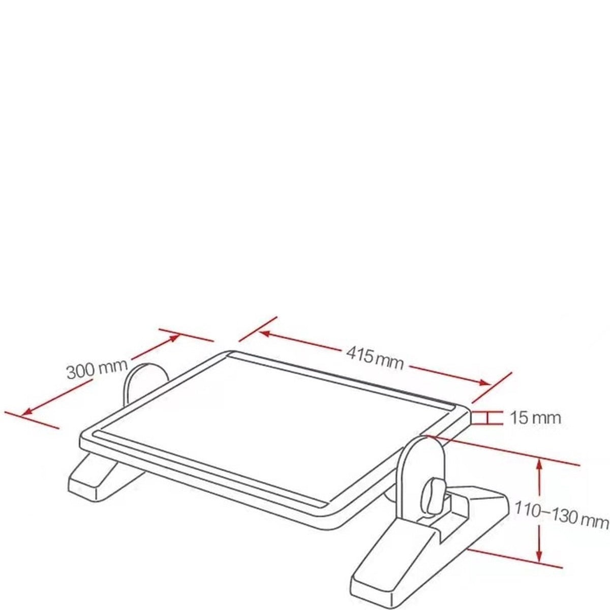 Diagram of an adjustable desk platform, with dimensions labeled: 415mm, 300mm, 15mm, and 110-130mm. The platform is white.