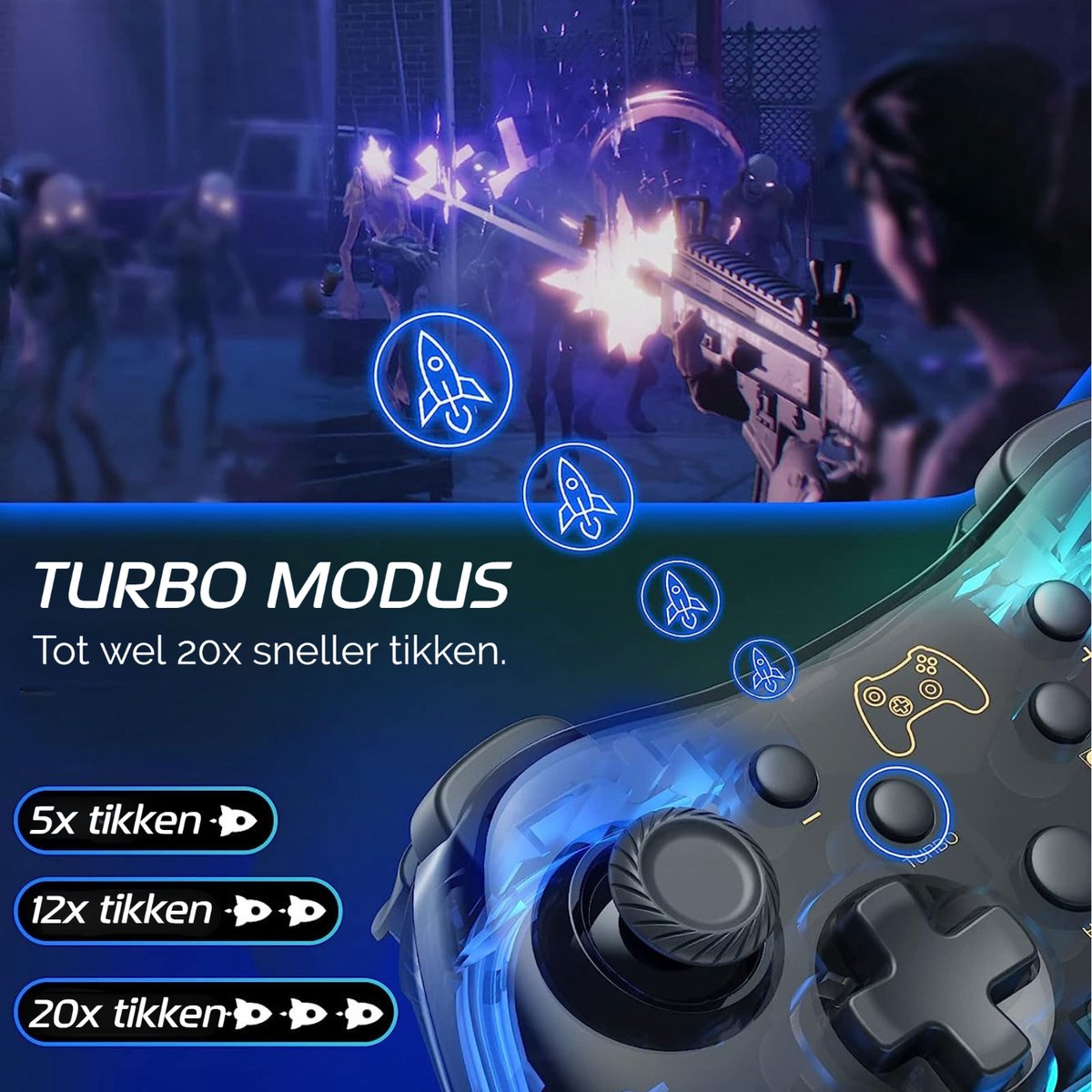 A gaming controller with a futuristic design. The background shows a video game scene with characters and a gun.