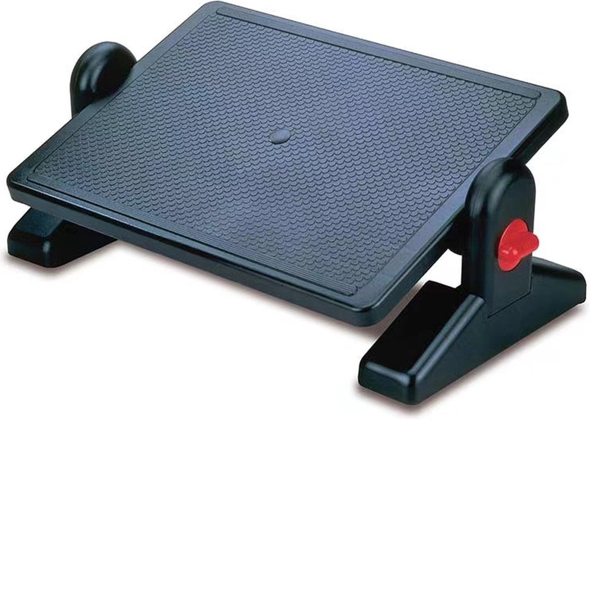 A black footrest with a textured surface, a red adjustment knob, and a curved support. It sits on a white background.