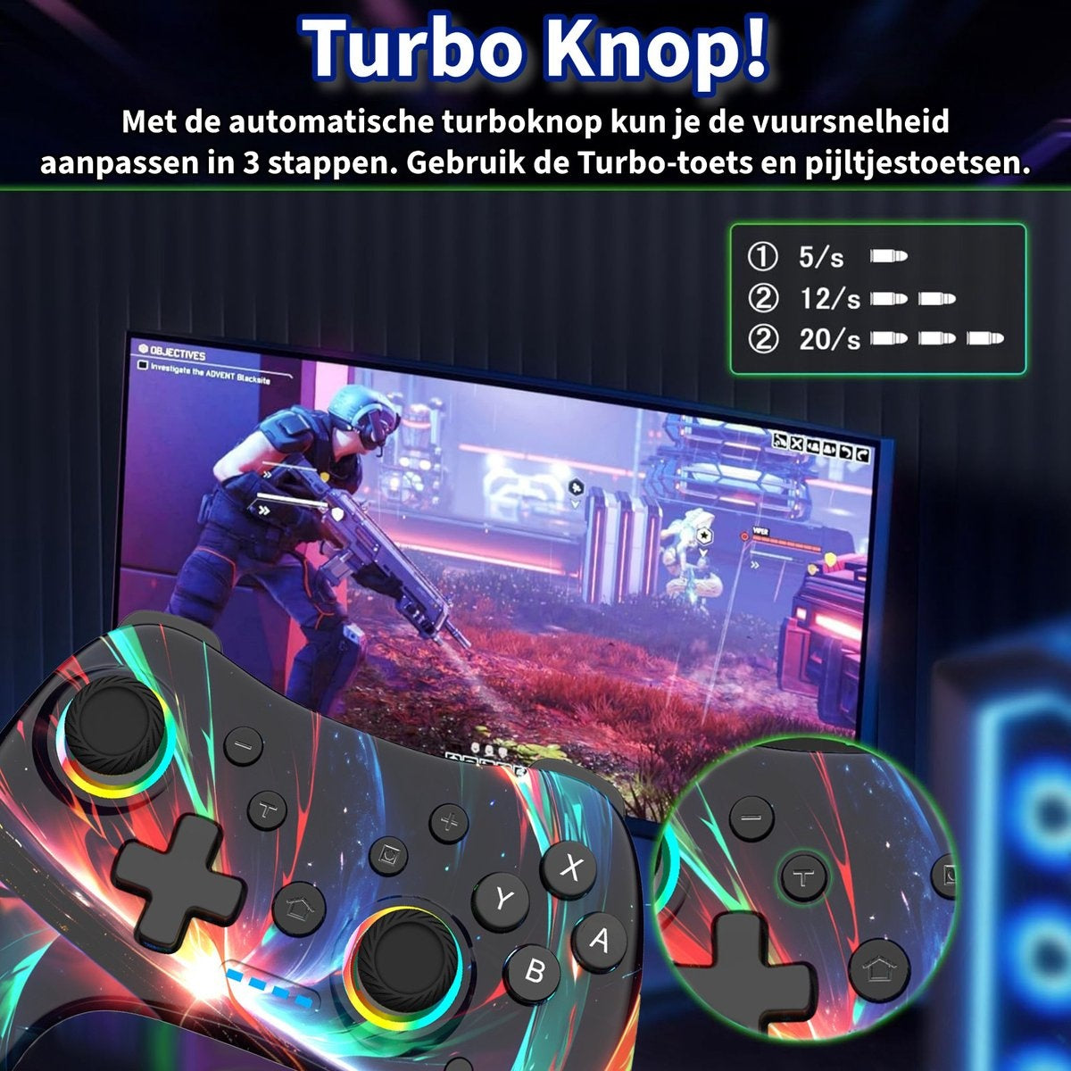 A game controller with colorful design is in focus. A screen shows a game scene. Text above says 'Turbo Knop!'