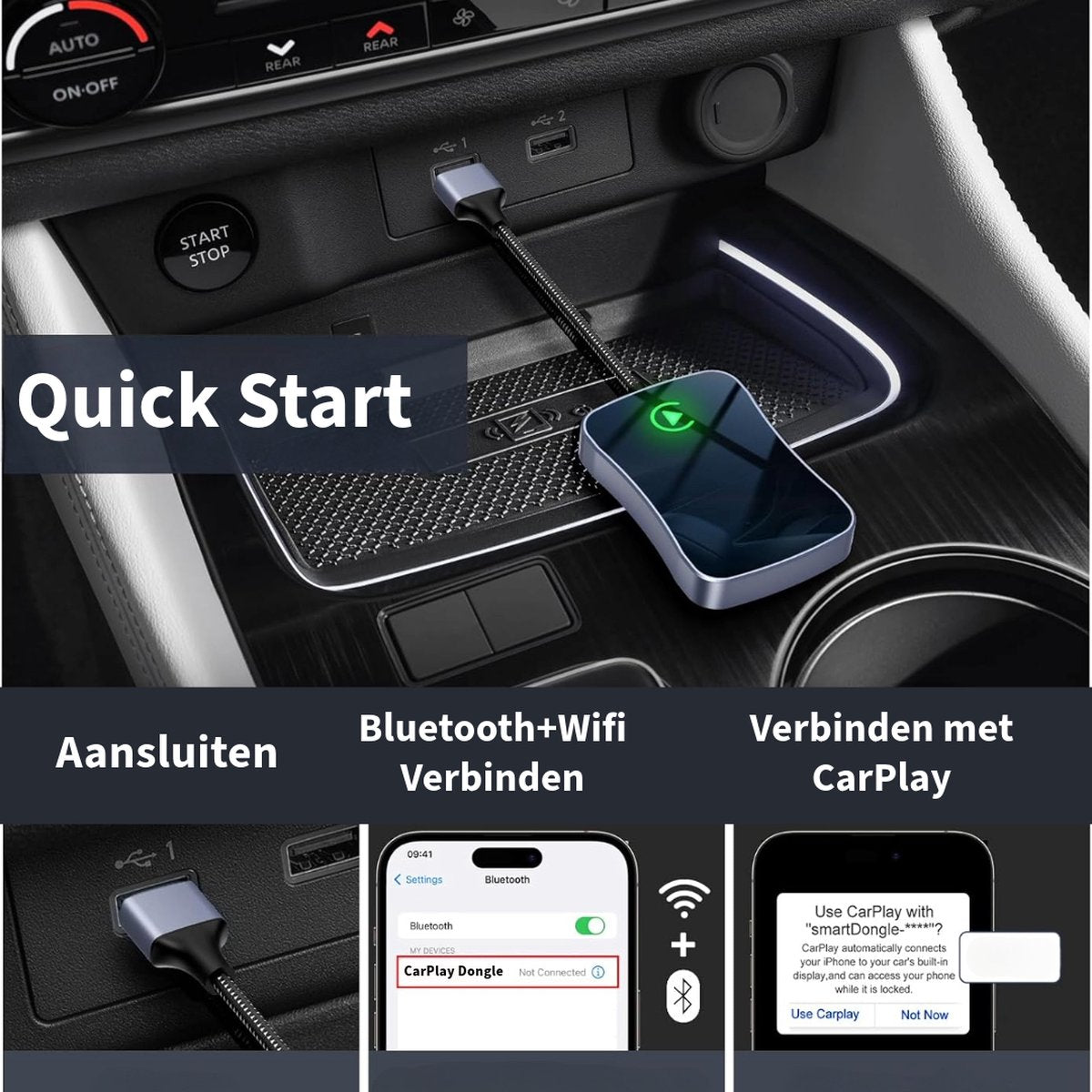 A device is connected to a car's USB port. It is labeled 'Quick Start'. The device has a screen with a green light.