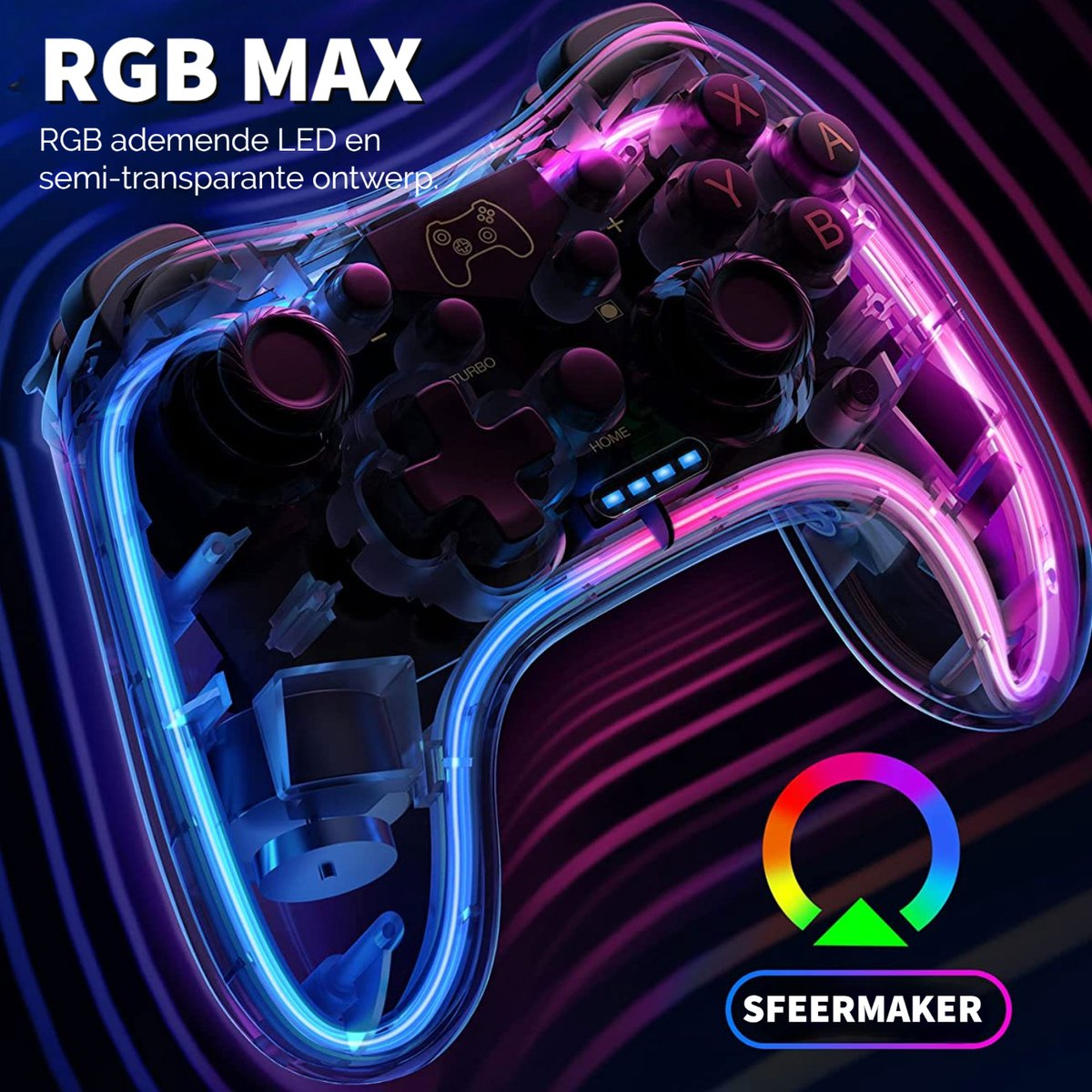 A transparent gamepad with RGB lighting. Buttons and joysticks are visible. The background is dark with a colorful logo.