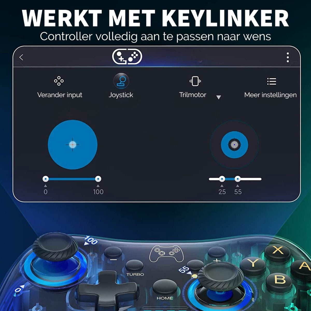 A transparent game controller with lit-up buttons and a screen showing settings for joystick and other controls.