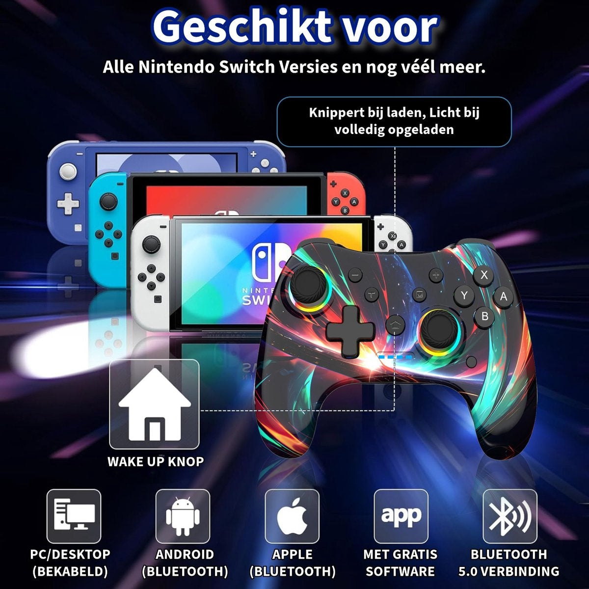 Image shows Nintendo Switch consoles and a controller. Text includes 'Wake Up', 'PC/Desktop', 'Android', 'Apple', 'Software', and 'Bluetooth'.