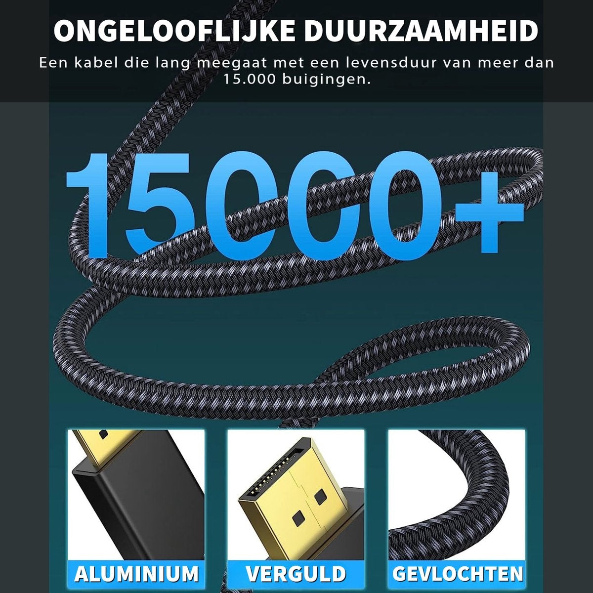 Image shows a durable cable with '15000+' bends. Features include aluminum, gold-plated, and braided elements. Text: 'ONGELOOFLIJKE DUURZAAMHEID'.