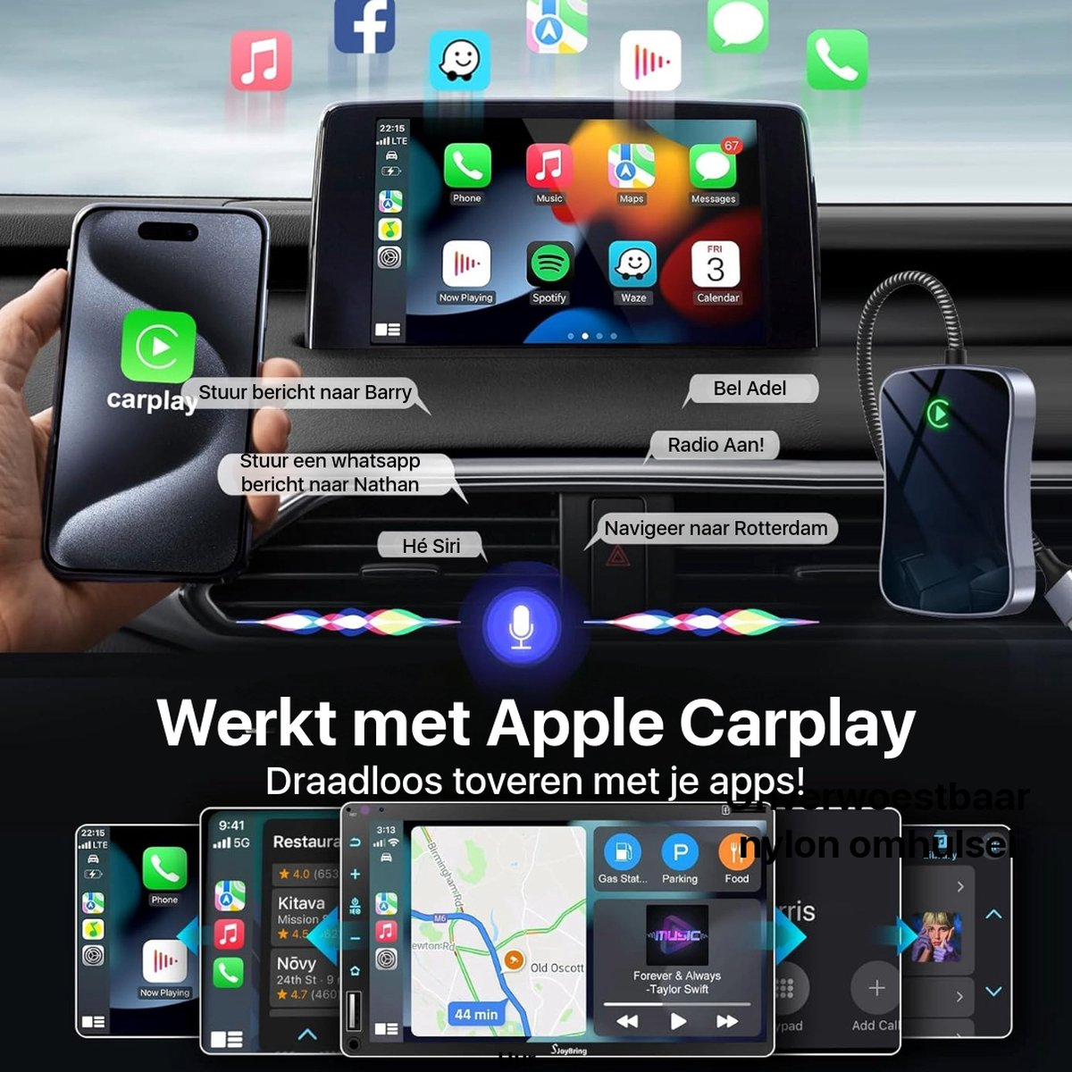 Carplay setup in a car, with phone displaying apps. Displays include music, maps, and messaging. A voice assistant is active.