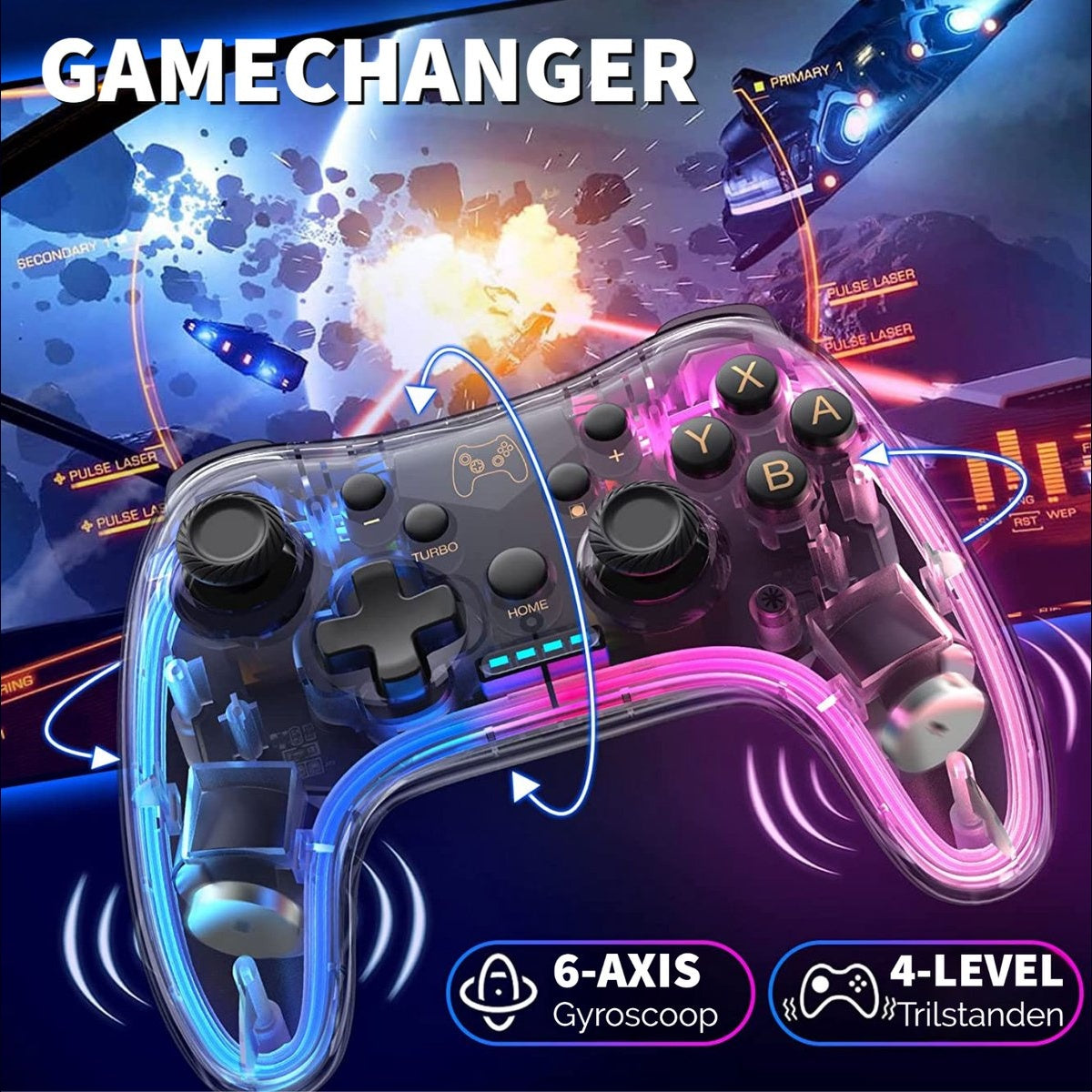 A clear game controller is shown, with buttons and internal components visible. The background depicts a space battle scene with ships and explosions.