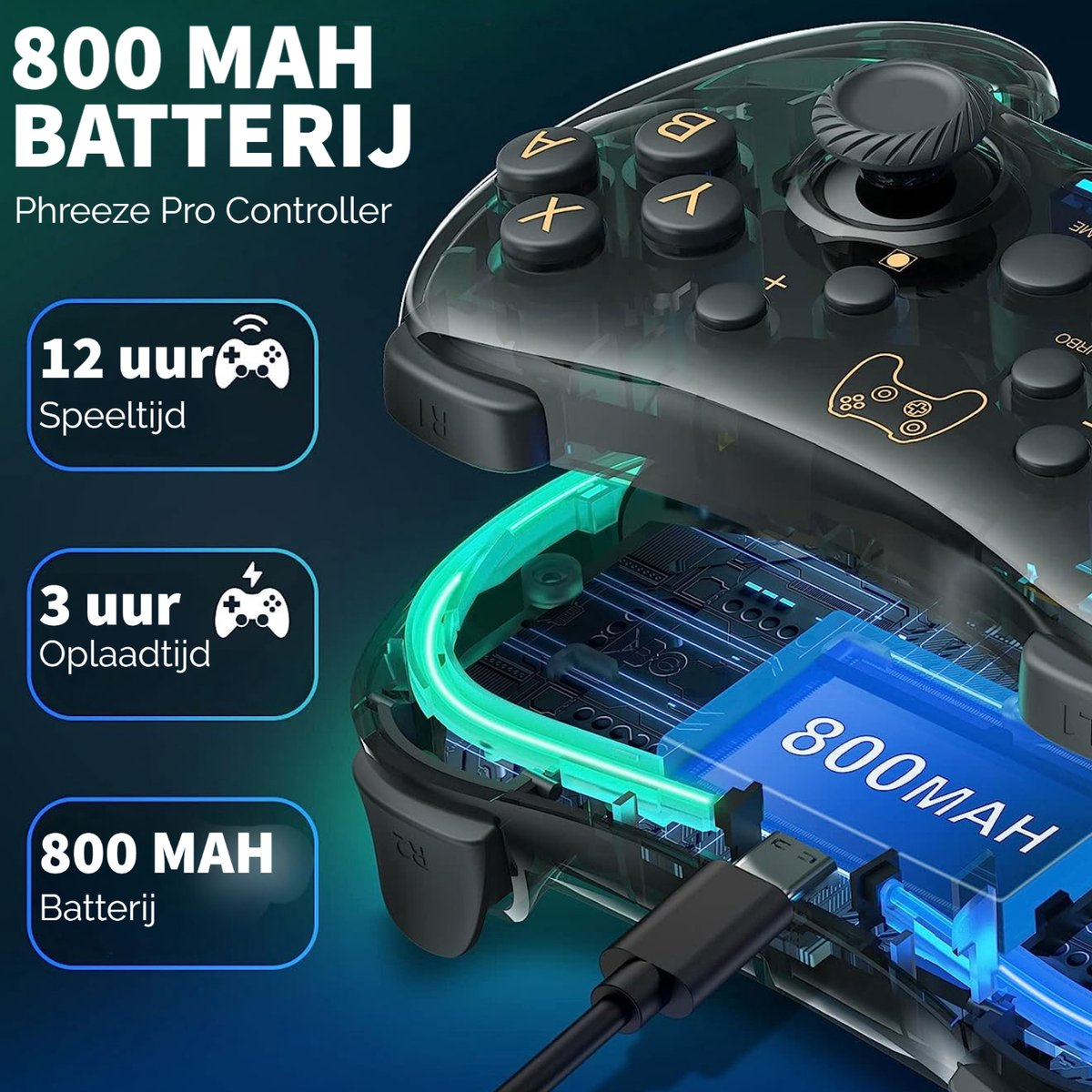 A transparent black game controller with gold details. It shows battery info: 800 MAH battery, 12 hours play time, 3 hours charging time.