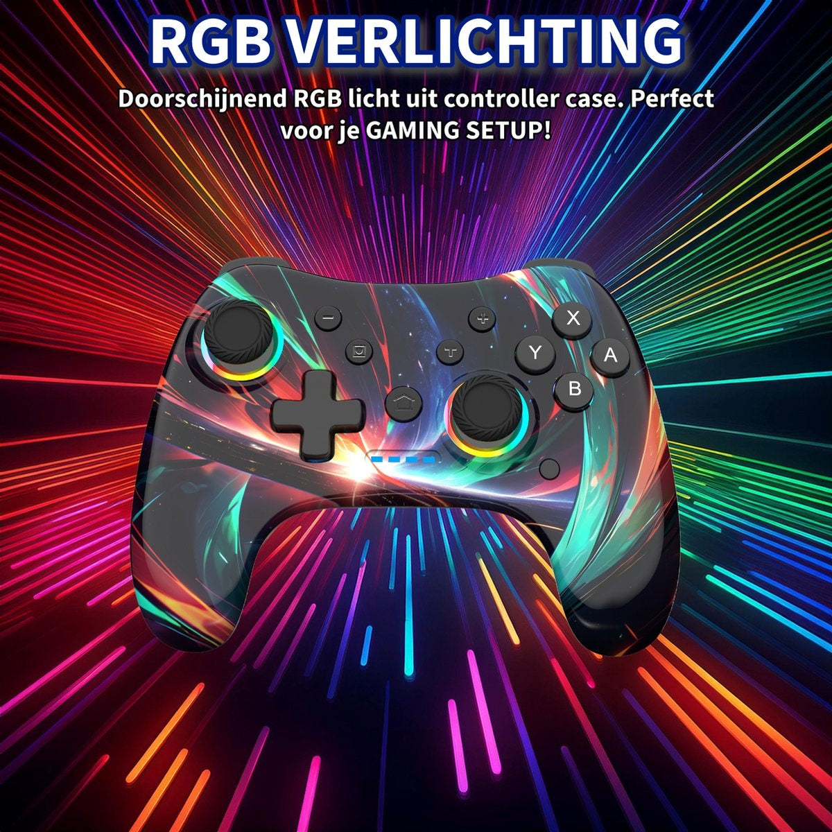 A game controller with a colorful design. The background has a radial light effect in various colors.