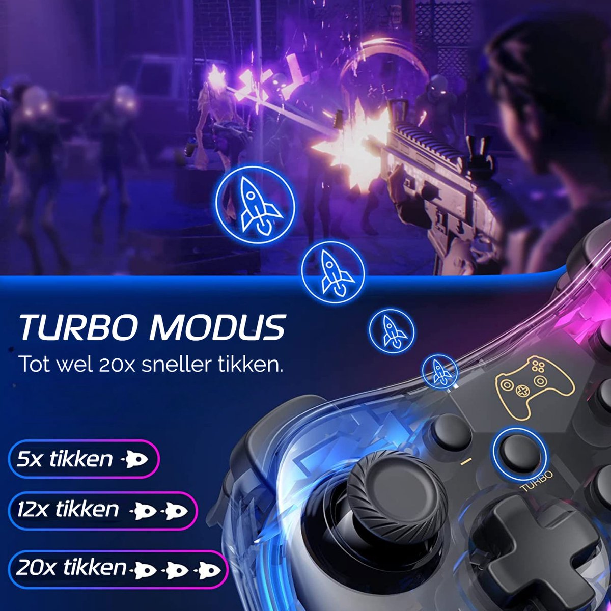 A game controller with a futuristic design, featuring a game scene in the background. The text says 'TURBO MODUS' and options for faster clicking.