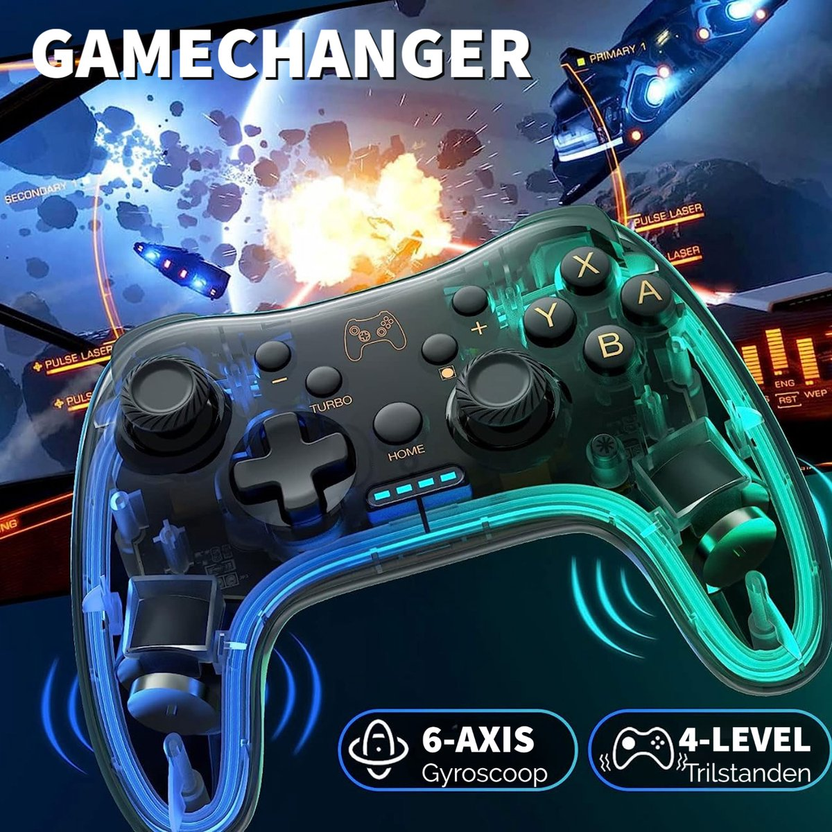 A transparent game controller with blue and green accents is shown against a space battle scene. Text says 'GAMECHANGER'.