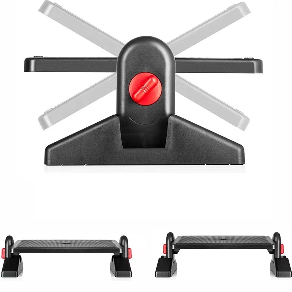 A black footrest with a red adjustment knob. It has adjustable platforms and is shown from various angles. 