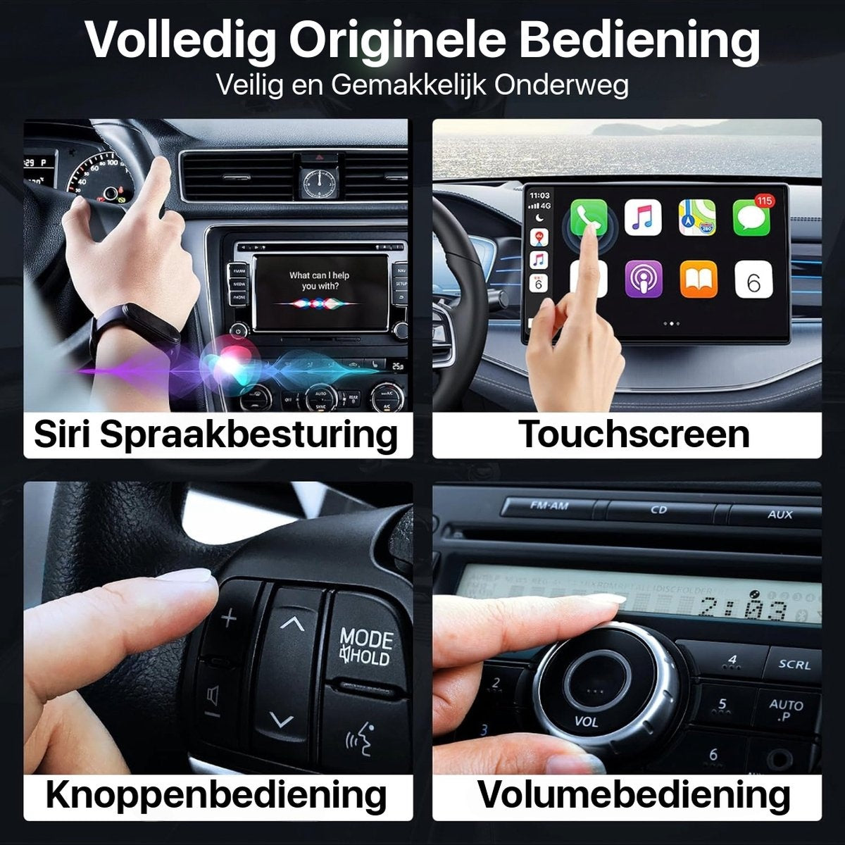 Image shows car infotainment systems: Siri voice control, touchscreen, button controls, and volume control. Each is labeled.