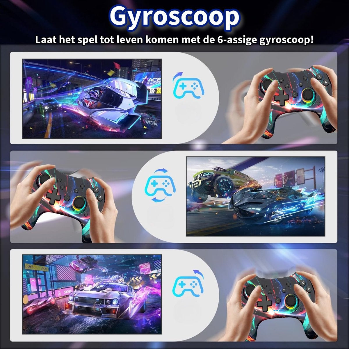 Image showing a game controller, racing game scenes, and controller hands. The text reads 'Gyroscoop' and 'Laat het spel tot leven komen'.