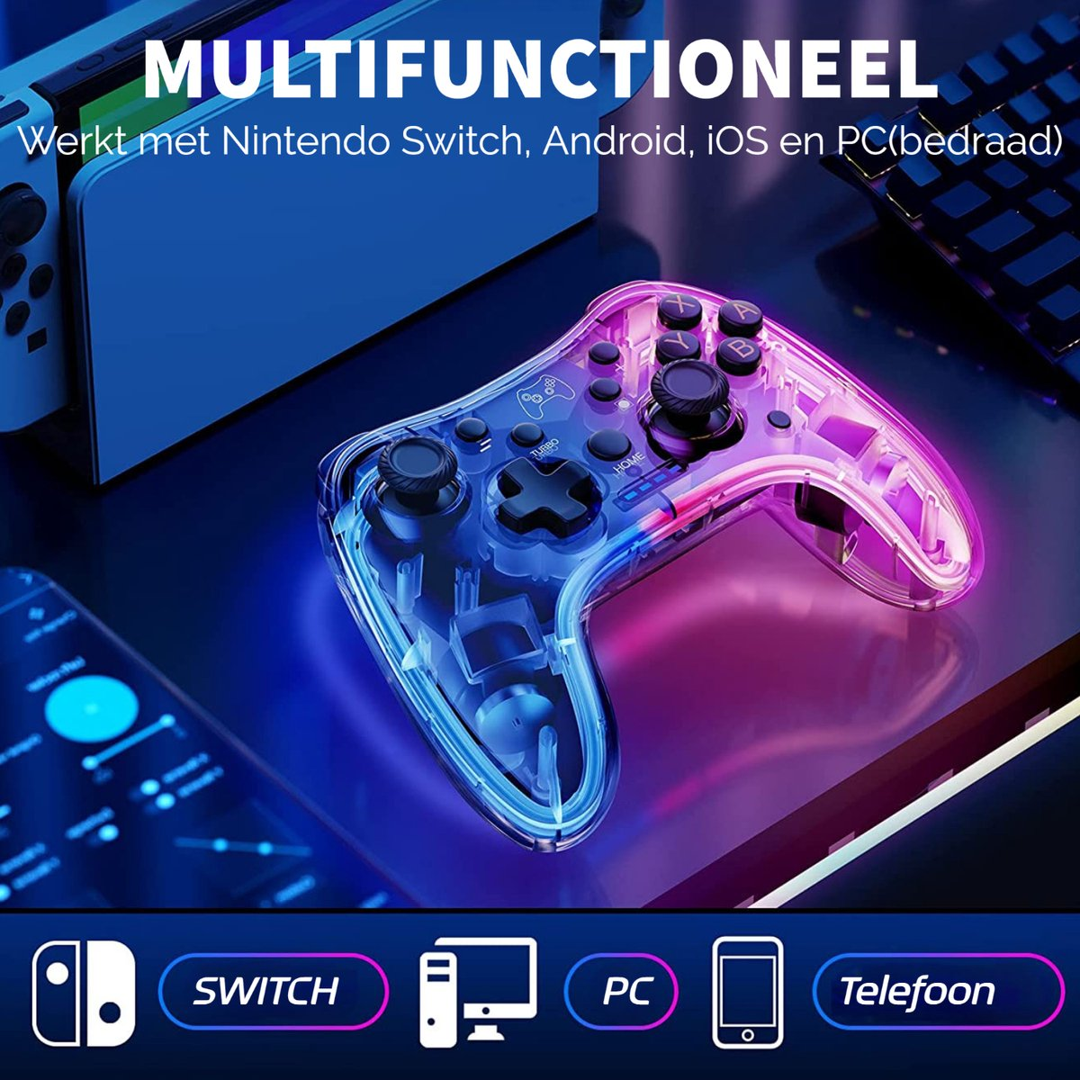 A transparent gaming controller with blue and pink lighting, on a table with icons for Switch, PC, and phone.