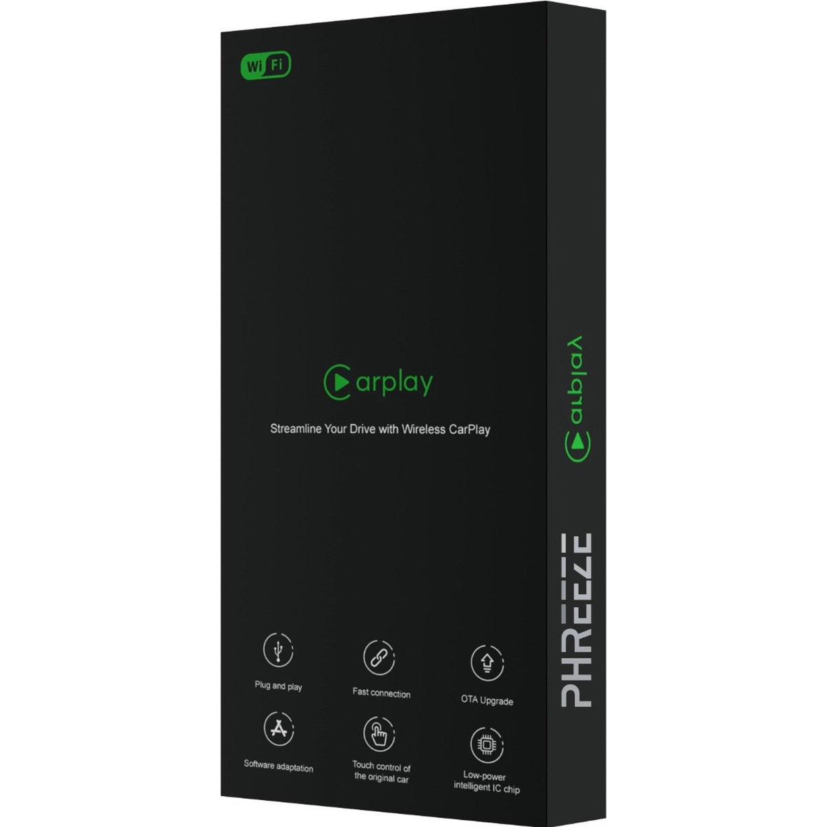 Black box with 'Carplay' label. Features include plug-and-play, fast connection, and OTA upgrade. 'PHREEZE' and product details are visible.