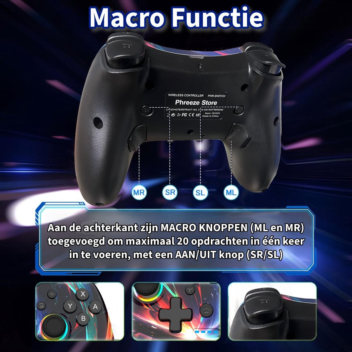 A black game controller with buttons labeled MR, SR, SL, and ML. Text explains macro buttons and an on/off switch.