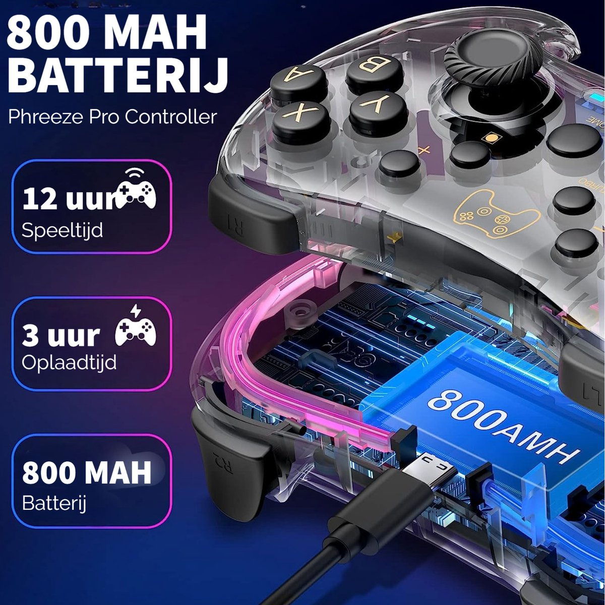 A transparent game controller with black buttons, details the 800mAh battery, 12-hour play time, and 3-hour charge time.