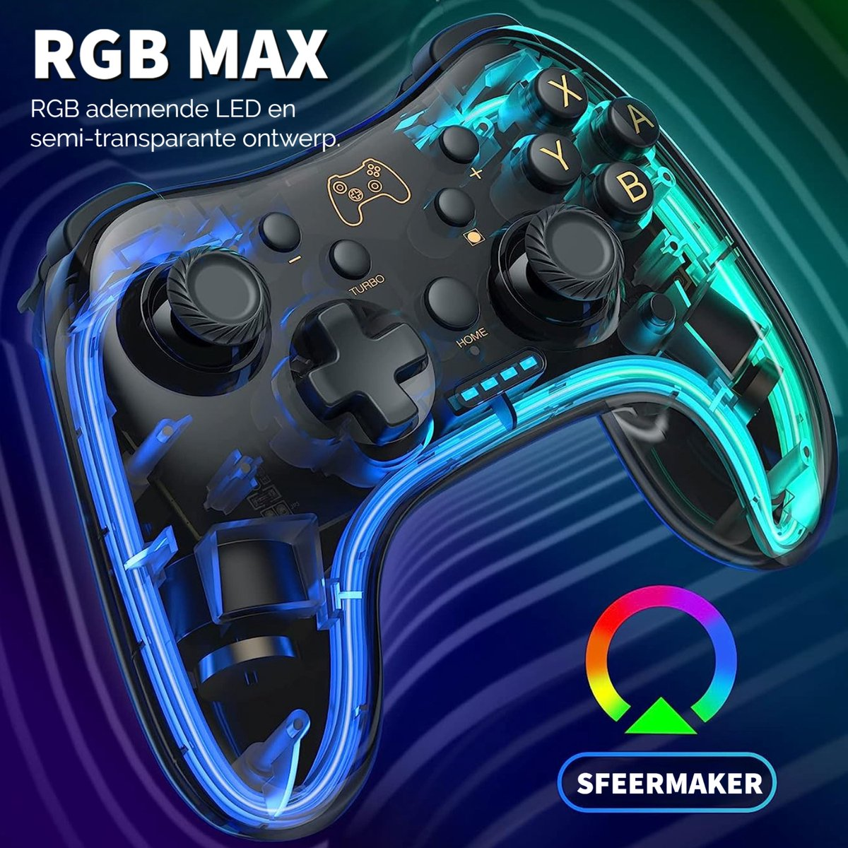 A transparent game controller with RGB lighting. The text on top says RGB MAX.