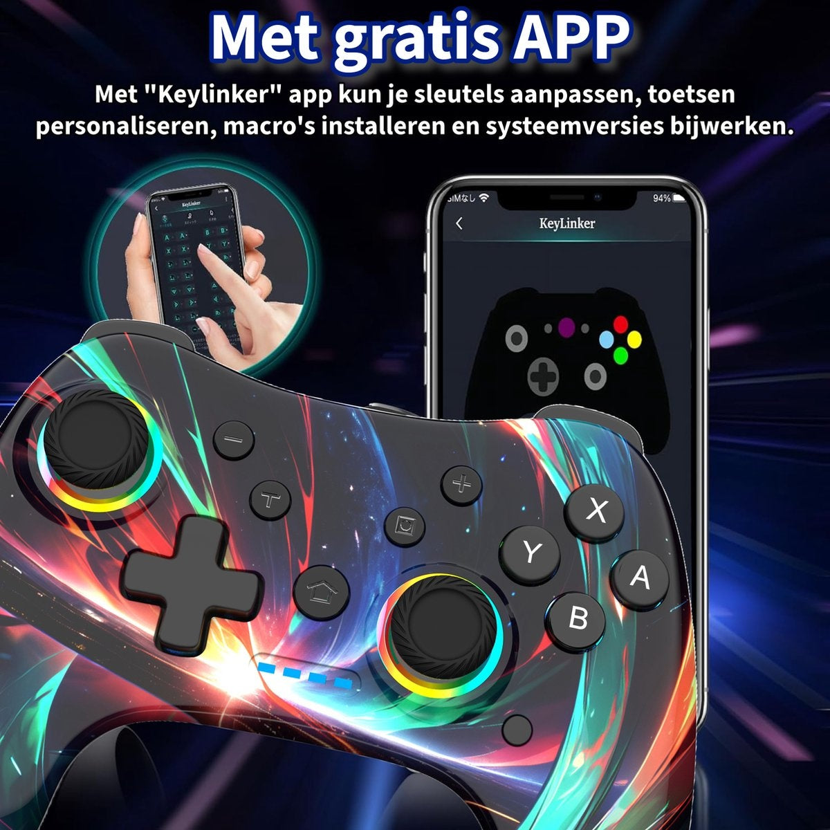 A game controller with colorful design is displayed with two phones showing the app interface. The controller has buttons and a D-pad.