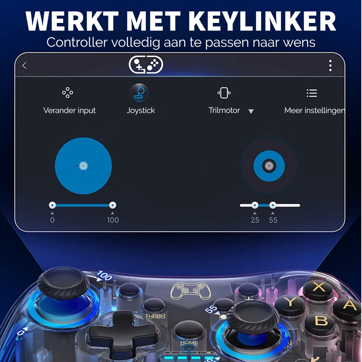 A transparent game controller with a display showing settings. Buttons are visible, with blue and black accents.