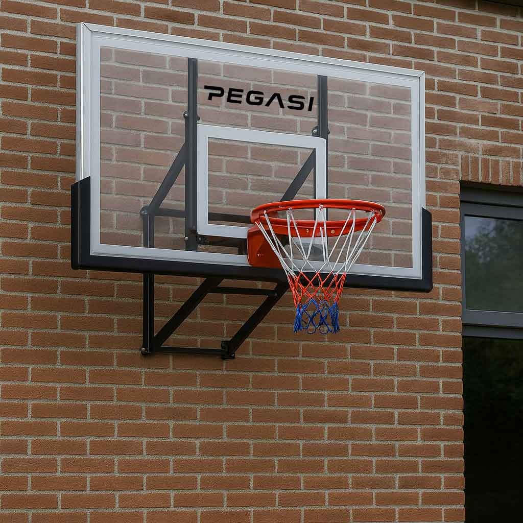 A basketball hoop mounted on a red brick wall. The hoop has a clear backboard, a red rim, and a net.
