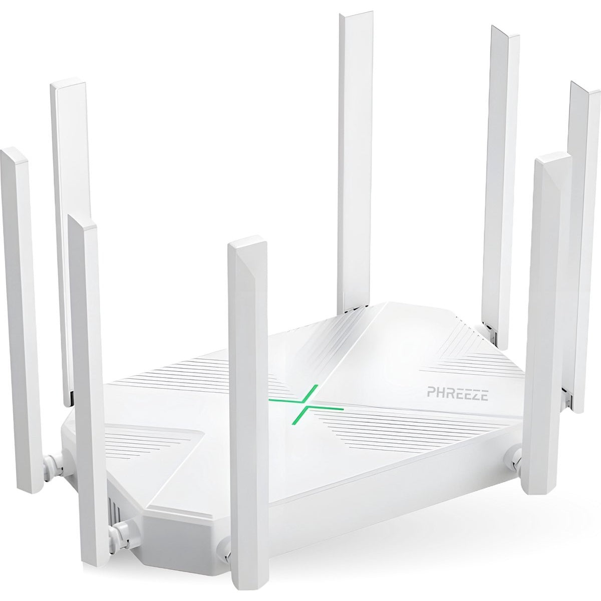 Witte router met acht antennes. De router heeft een groen kruisontwerp en de merknaam 'PHREEZE' bovenaan.